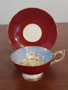 Antik AYNSLEY Bone China CLIPPER SHIP Gold Burgund TEETASSE UNTERTASSE Set RAR - Bild 1 von 3