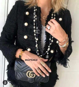 A403 ZARA SCHWARZ MILITARY AUSGEFRANSTE PERLEN TWEED BLAZER JACKE MANTEL LARGE - L - Bild 1 von 22