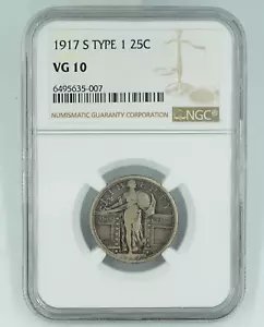 1917-S Type 1 NGC VG10 Standing Liberty Quarter - Picture 1 of 3