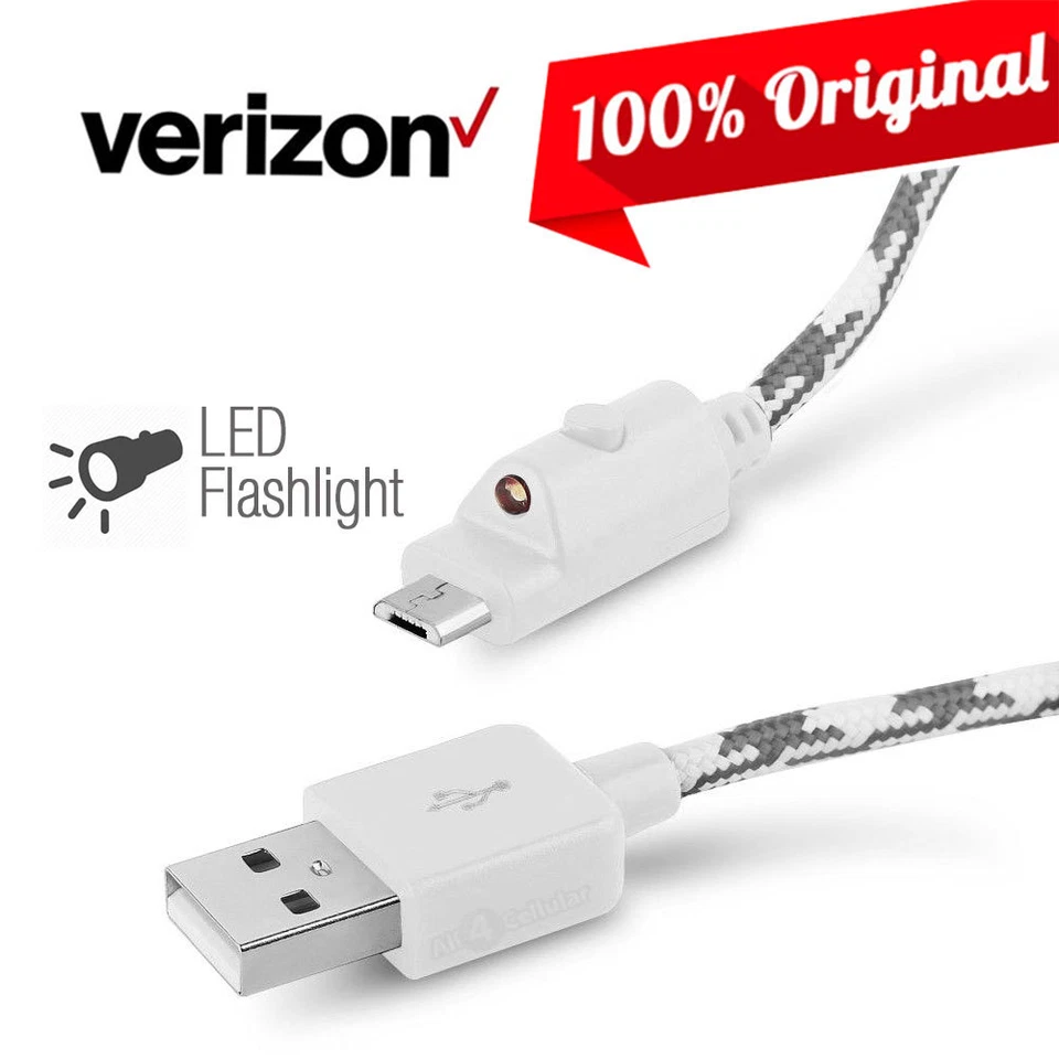 OEM Verizon Braided Charge Sync microUSB Data Cable w/LED for Samsung S7 S6 Note - Image 1 of 1