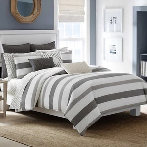 NAUTICA 2 Piece CHATFIELD Comforter Set GREY, WHITE Stripes, + Sham, TWIN, NEW  - Picture 1 of 1