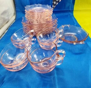 Service For 8 Lunch, Tea Saucer, and Cup Pink Depression Glass With Bonus Bowl - Picture 1 of 15