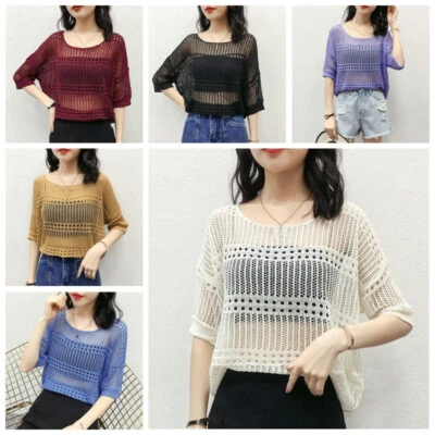 Donna Traforato Camicie Top Mezza Manica Camicetta Trasparente Pullover Casual - Immagine 1 di 4