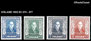 ISLANDIA 1952 SC 274 - 277 S. BJORNSSON 1er PRESIDENTE 25a, 50A y 1k MNH OG F/VF - Imagen 1 de 2