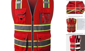  9 Pockets Hi-Vis Neon Red Zipper Front MESH Safety Vest with Medium 100-redt1 - Picture 1 of 6