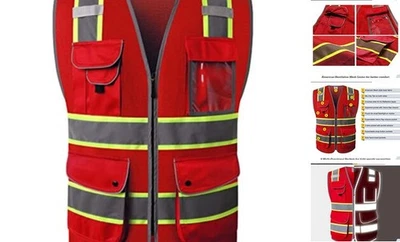  9 Pockets Hi-Vis Neon Red Zipper Front MESH Safety Vest with Medium 100-redt1 - Image 1 of 4