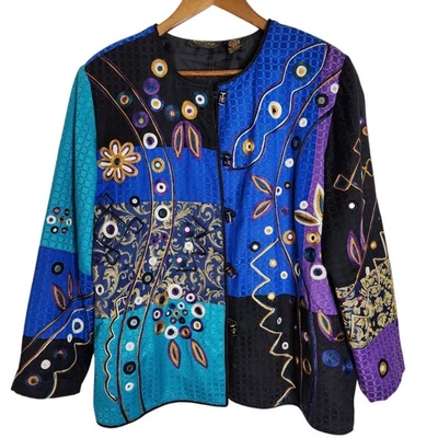 Chaqueta boho artística colorida adornada bordada vintage Alex Kim para mujer talla M Foto 1 de 4