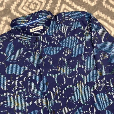 Tommy Bahama Shirt Mens 2XL Blue Palm Tree Floral Silk Cotton Hawaiian Button Up - Image 1 of 4