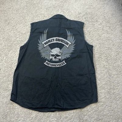 Harley Davidson Sleeveless Black Skull Wings Button Up Shirt Vest Tank Size  XL - Image 1 of 4