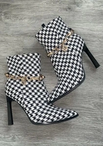 Black And White Checked Ankle Stiletto Boots - Picture 1 of 2