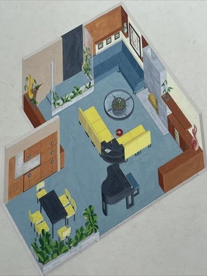 MID CENTURY PAINTING INTERIOR ILLUSTRATION WITH ABSTRACT SCULPTURE FURNITURE - Image 1 of 4