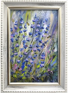 Blühende Lavendelblüten blau Wildblumen Gemälde Original Blumenöl signiert - Bild 1 von 8