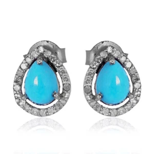 Pendientes de pernos turquesa de plata esterlina 925 pavimentados diamantes joyería - Imagen 1 de 4