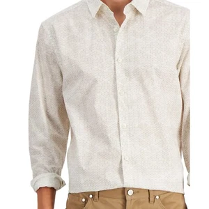 $55 Alfani Men Regular Fit Cotton Stretch Geometrical Poplin Shirt, Ivory, Sz L - Picture 1 of 3