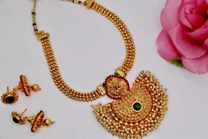 Indian Pearl Bridal Necklace Earrings Wedding Gold Plated Fashion Jewelry Set - Picture 1 of 4