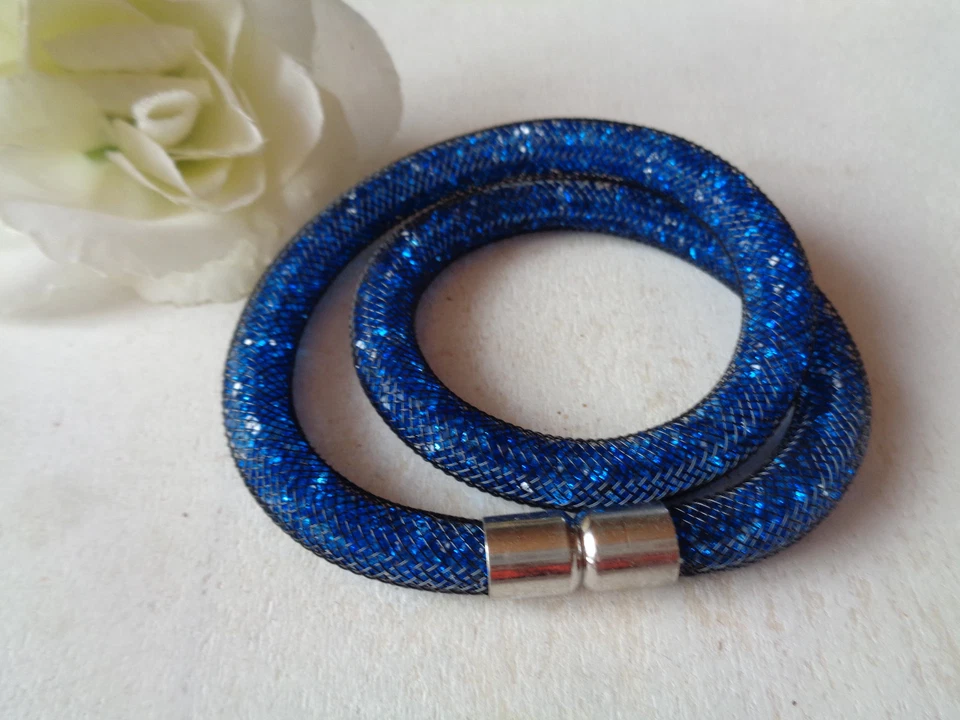 Wickelarmband Netzschlauch schwarz  Nylon Stardust Mesh blau strass   Magnet - Bild 1 von 1