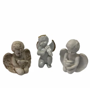 3 Cherub Angels 2 Bird in Basket & 1 Violin Player w/ Gold Halo 6" Tall  - Picture 1 of 11