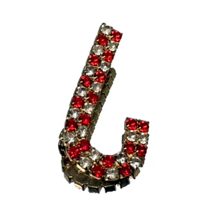 Vintage Brooch Gold Metal Red White Cubic Zirconia J Letter Prong Set - Picture 1 of 6