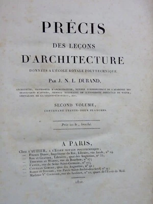 1821 ÉCOLE ROYALE POLYTECHNIQUE PRÉCIS LEÇONS D'ARCHITECTURE DURAND 32 PLANCHES - Photo 1/4