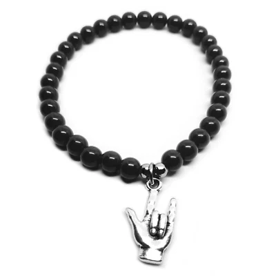 Bracciale con simbolo Corna e pollice mano Saluto Rock metal ciondolo Argento 3D - Immagine 1 di 4