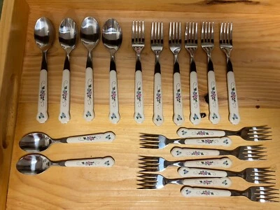 19 Pc Pfaltzgraff Tea Rose Stainless Pink Blue Floral Flatware - Image 1 of 4