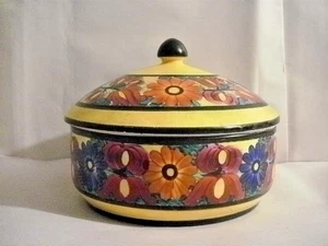 CZECHOSLOVAKIA YELLOW MRAZEK COVERED BOWL "P. T." COLORFUL FLORAL SPICES 7" WIDE - Picture 1 of 17