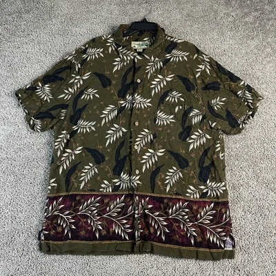 Havana Jacks Cafe Shirt Mens XL Green White Hawaiian Floral Camp Button Up * - Image 1 of 4
