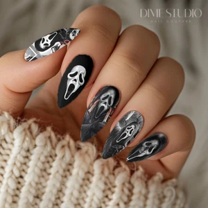 Black Ghost Face Halloween Nail Decals Water Transfer Nail Wraps HW-1007 - Picture 1 of 20