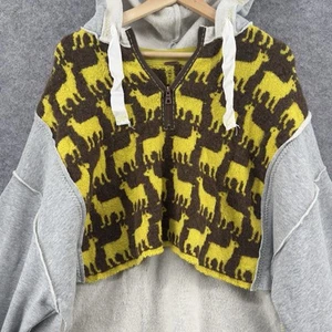 Free People Alpaca My Bags Hoodie Sweatshirt Hi Lo Oversize Gray Yellow Llama - Picture 1 of 15
