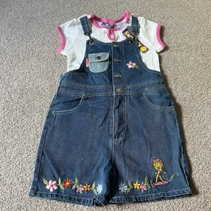 Vintage Y2K Smiley Blue Jean Girls Patch Embroidery Shortalls Size 7/8 NWT Rare - Picture 1 of 5