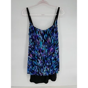 Longitude Womens Swimsuit Swimdress Tankini Top Abstract Blue Purple Sz 14 - Picture 1 of 10