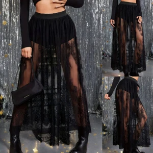 Womens Sexy Lace Punk Mesh Sheer Maxi Skirt Gothic Steampunk Party Long Dress - Picture 1 of 16
