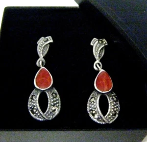 Sterling Silver Orange Red Coral Marcasite 25mm Dangle Earrings Vintage design - Picture 1 of 8