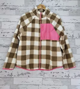 J Crew Womens Woven Sherpa Zip Up Jacket Medium Plaid Tan Loose Fit Lightweight - Picture 1 of 5