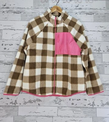 Chaqueta Sherpa tejida con cremallera J Crew para mujer mediana a cuadros tostada calce suelto ligera Foto 1 de 4