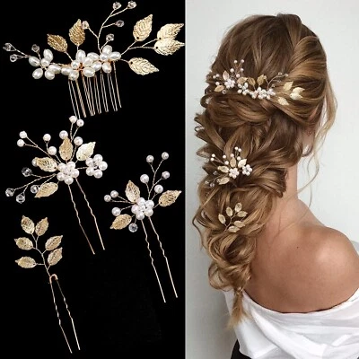 4 Pieces Bridal Wedding Hair Pins Gold Leaf Crystal Pearl Hair Pins Clips Flower - Image 1 of 4