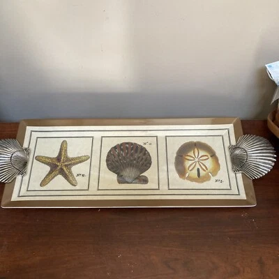 Beach Seaside MELAMINE Serving Tray - Shells Starfish Sand Dollar Metal Handles - Image 1 of 4