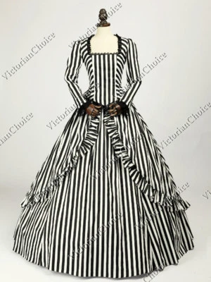Victorian Civil War Black and White Stripe Cotton Dress Gown Theater Costume 321 - Image 1 of 4