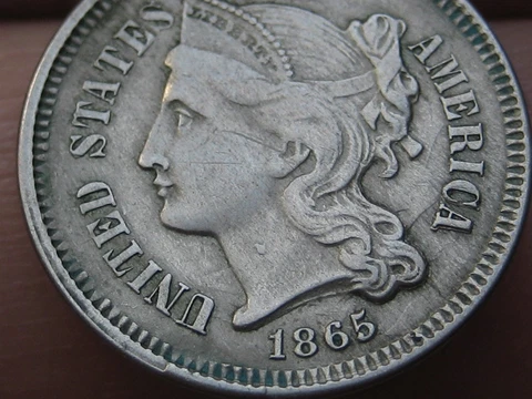 1865 Three 3 Cent Nickel- XF Details, Shattered Reverse Cover