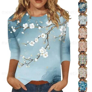 Ladies Summer Women's Print Round Neck Blouse Tops Casual 3/4 Sleeve T Shirt ¥ - Picture 1 of 36