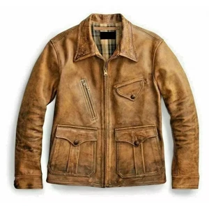 Men 1920's Newsboy Vintage Look Distressed Tan Real Leather Jacket - Picture 1 of 4