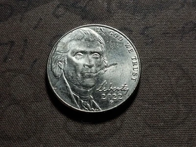 2022 P Jefferson nickel error, "Smoking Tom" obv strike through (struck thru) - Image 1 of 2