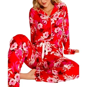 P.J. SALVAGE 2pc Pajama Set Loungewear Pants/Top Red "WATERCOLOR BLOOM" Medium - Picture 1 of 18