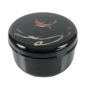 Japanese Lacquered Wooden Lidded Rice Container Vtg Bento Box Black Fish L370 - Picture 1 of 12