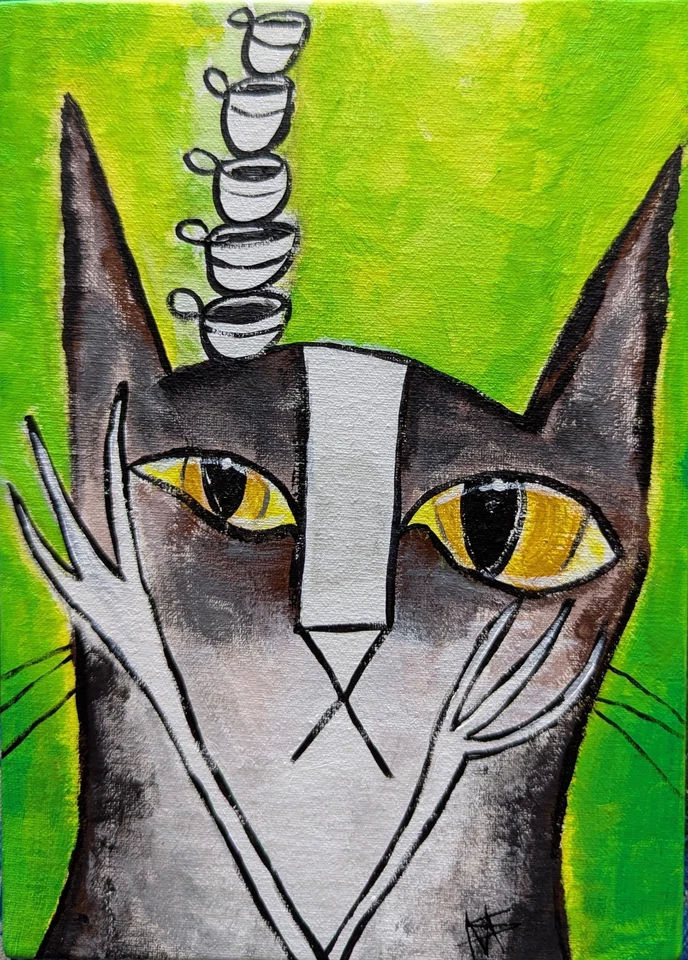 Cat Painting Collectible Original Coffee Abstract Folk Art Samantha McLean 5x7in - Image 1 of 1