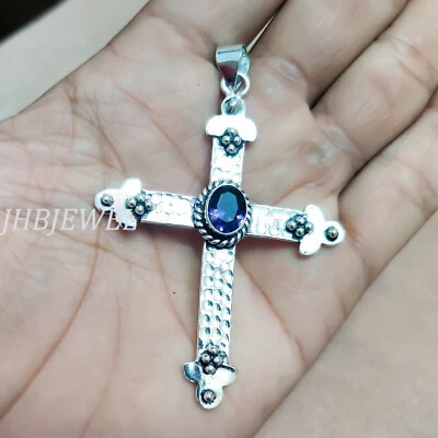 Piedras preciosas de amatista facetadas de plata de ley 925 colgante cruz regalo día del padre Foto 1 de 4