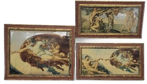 Litografía vintage italiana florentina enmarcada en madera de Miguel Ángel arte capilla sixtina - Imagen 1 de 6