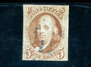 USAstamps Used VF US 1847 Franklin 1st Stamp Sct 1d With Blue Cancel - Picture 1 of 2