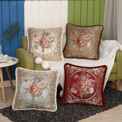 Jacquard Cushion Cover Country Style Pillowcase Embroidered Sofa 18.9"x18.9" - Image 1 of 4