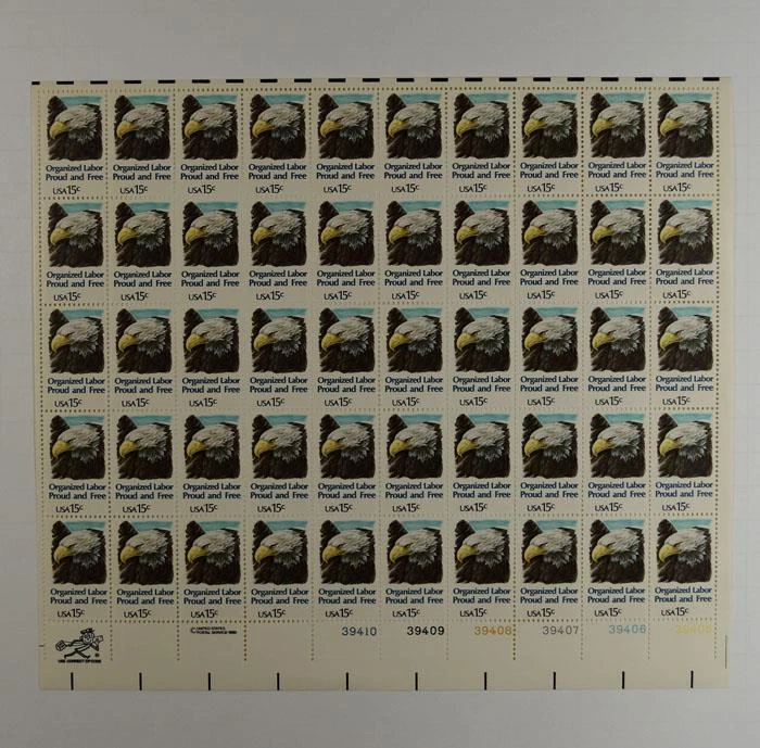 US SCOTT 1831 PANE OF 50 ORGANIZED LABOR STAMPS 15 CENT FACE  MNH - Image 1 of 1